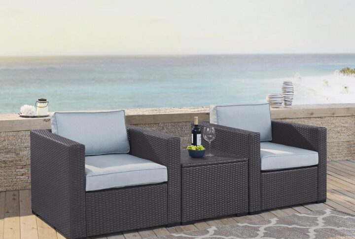 Entertaining outdoors gets an upgrade with the Biscayne 3pc Outdoor Chair Set. Stylish and durable