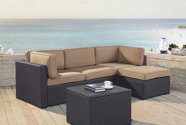 Relax and unwind with Biscayne 4pc Sectional Set. Every piece of the set has a durable powder-coated steel frame covered in beautiful all-weather resin wicker. The sofa and ottoman offer thick cushioned seats with moisture-resistant covers
