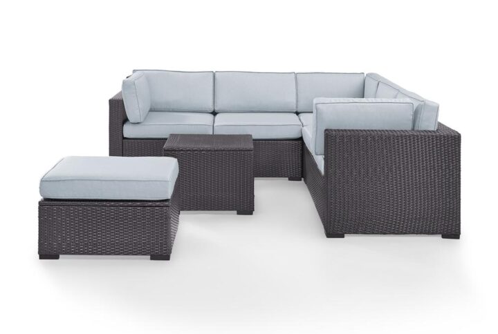 Relax and unwind with Biscayne 5pc Sectional Set. Every piece of the set has a durable powder-coated steel frame covered in beautiful all-weather resin wicker. The sofa and ottoman offer thick cushioned seats with moisture-resistant covers