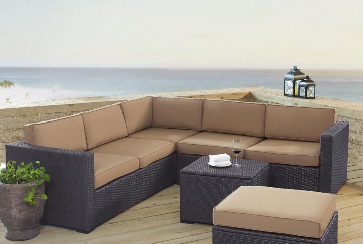 Relax and unwind with Biscayne 5pc Sectional Set. Every piece of the set has a durable powder-coated steel frame covered in beautiful all-weather resin wicker. The sofa and ottoman offer thick cushioned seats with moisture-resistant covers