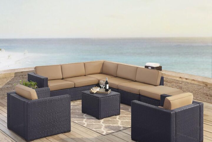 Entertaining outdoors is made effortless with the Biscayne 7pc Sectional.  Every piece of the set has a durable powder-coated steel frame covered in beautiful all-weather resin wicker. The sofa