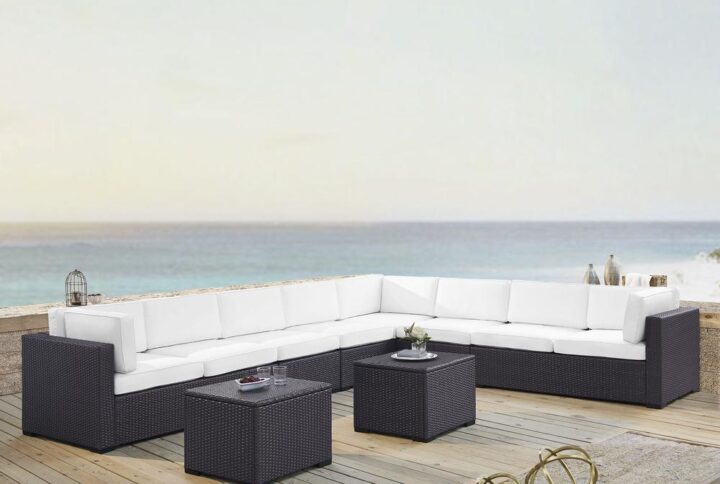 Entertaining large groups is easy with the Biscayne 7pc Sectional.  Every piece of the set has a durable powder-coated steel frame covered in beautiful all-weather resin wicker. The sofa offers thick cushioned seats with moisture-resistant covers