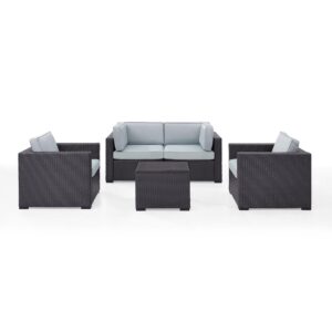 each piece of this set features all-weather resin wicker woven over durable powder-coated steel frames. Thick moisture-resistant cushions offer deep