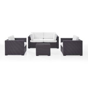 each piece of this set features all-weather resin wicker woven over durable powder-coated steel frames. Thick moisture-resistant cushions offer deep