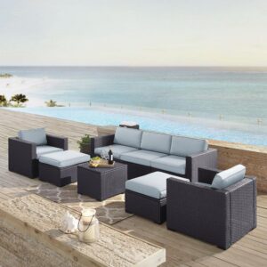 Entertaining outdoors is made effortless with the Biscayne 7pc Sectional.  Every piece of the set has a durable powder-coated steel frame covered in beautiful all-weather resin wicker. The sofa