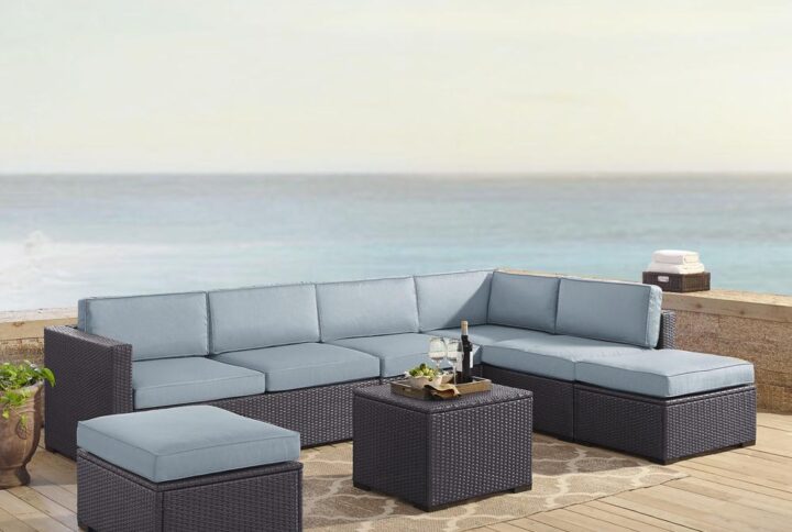 Relax and unwind with Biscayne 6pc Sectional Set. Every piece of the set has a durable powder-coated steel frame covered in beautiful all-weather resin wicker. The sofa and ottomans offer thick cushioned seats with moisture-resistant covers