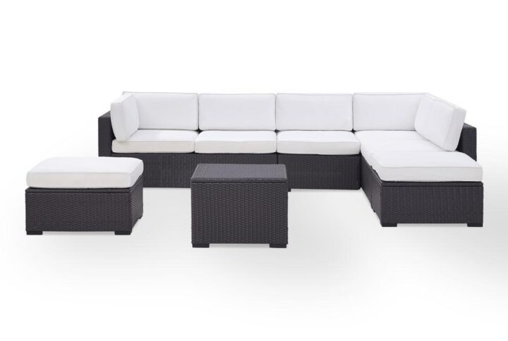 Relax and unwind with Biscayne 6pc Sectional Set. Every piece of the set has a durable powder-coated steel frame covered in beautiful all-weather resin wicker. The sofa and ottomans offer thick cushioned seats with moisture-resistant covers