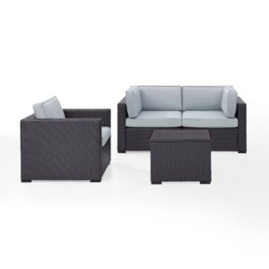 each piece of this set features all-weather resin wicker woven over durable powder-coated steel frames.  Thick moisture-resistant cushions offer deep