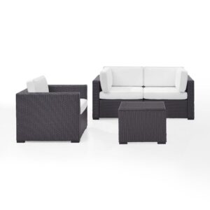 each piece of this set features all-weather resin wicker woven over durable powder-coated steel frames.  Thick moisture-resistant cushions offer deep