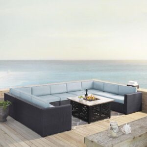 Entertaining outdoors is effortless with the Biscayne 6pc Sectional Set.  The extra-large sectional sofa has a durable powder-coated steel frame covered in beautiful all-weather resin wicker. Each seat is topped with lush dyed yarn polyester cushion covers