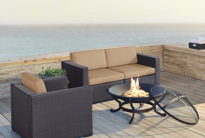 Relax fireside with the Biscayne 4pc Conversation Set.  The loveseat and armchair have durable powder-coated steel frames covered in beautiful all-weather resin wicker. Each seat is topped with lush dyed yarn polyester cushion covers