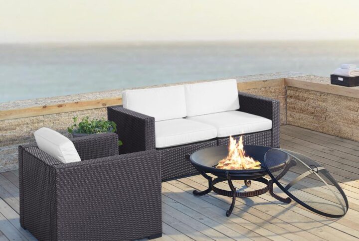 Relax fireside with the Biscayne 4pc Conversation Set.  The loveseat and armchair have durable powder-coated steel frames covered in beautiful all-weather resin wicker. Each seat is topped with lush dyed yarn polyester cushion covers