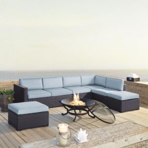 Relax fireside with the Biscayne 6pc Sectional Set.  The large sectional sofa and ottoman have durable powder-coated steel frames covered in beautiful all-weather resin wicker. Each seat is topped with lush dyed yarn polyester cushion covers