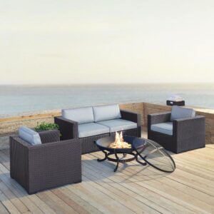 Relax fireside with the Biscayne 5pc Conversation Set.  The loveseat and armchairs have durable powder-coated steel frames covered in beautiful all-weather resin wicker. Each seat is topped with lush dyed yarn polyester cushion covers