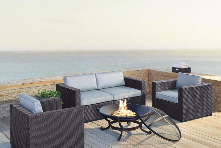 Relax fireside with the Biscayne 5pc Conversation Set.  The loveseat and armchairs have durable powder-coated steel frames covered in beautiful all-weather resin wicker. Each seat is topped with lush dyed yarn polyester cushion covers
