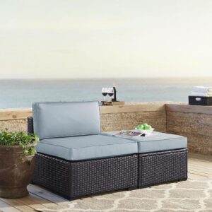 the Biscayne Armless Chair features all-weather resin wicker over a powder-coated steel frame. Providing a deep seat with lush moisture-resistant cushions
