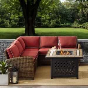 Cozy up in the luxury of the Bradenton 4pc Sectional Set. Sectional seating for up to five hugs the powder-coated steel fire table offering deep seat cushions on all-weather resin wicker. The sectional cushions are covered in a solution-dyed polyester for durability and comfort. The fire table's tiled stone top and lattice paneled base offer a unique design that elevates any outdoor space. The gas controls and a rack for a propane tank are located inside the table's base