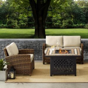Spend warm summer days and cool summer nights with the Bradenton 3pc Conversation Set. The loveseat and armchair are made from all-weather resin wicker with seat cushions covered in solution-dyed polyester. The outdoor seating surrounds a fire table constructed from sturdy powder-coated steel. The fire table's tiled top and lattice paneled base offer a unique design that will elevate your outdoor space. The gas controls and a rack for a propane tank are located inside the table's base