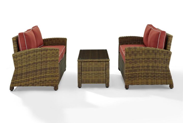 Gather with friends for an evening under the stars with the Bradenton 3pc Conversation Set.  Each piece of the set features sturdy steel frames wrapped in beautiful all-weather wicker. The loveseats are stylish and comfortable with gently arched arms and thick moisture-resistant cushions. A glass top coffee table adds a convenient spot to set a drink or snack