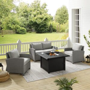 Spend warm summer days and cool summer nights with the Bradenton 4Pc Wicker Conversation Set. The loveseat and arm chairs are made from all-weather resin wicker with cushions covered in solution-dyed polyester. The outdoor seating surrounds a fire table constructed from sturdy powder-coated steel. The fire table's slatted top and solid paneled base offer a simple design that blends with a variety of outdoor spaces. The gas controls and a rack for a propane tank are located inside the table's base