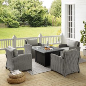 Gather around the fire for a relaxing evening with the Bradenton 5pc Conversation Set. Four all-weather resin wicker armchairs surround a powder-coated steel fire table