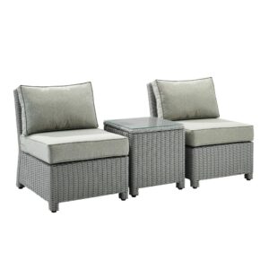 Outdoor relaxation has never looked better than with the Bradenton 3pc Outdoor Chair Set. The sturdy steel frames of this patio set are wrapped in beautiful all-weather wicker and the chairs are topped with moisture-resistant cushions. With a versatile modular design and deep seating