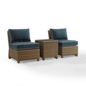 Outdoor relaxation has never looked better than with the Bradenton 3pc Outdoor Chair Set. The sturdy steel frames of this patio set are wrapped in beautiful all-weather wicker and the chairs are topped with moisture-resistant cushions. With a versatile modular design and deep seating