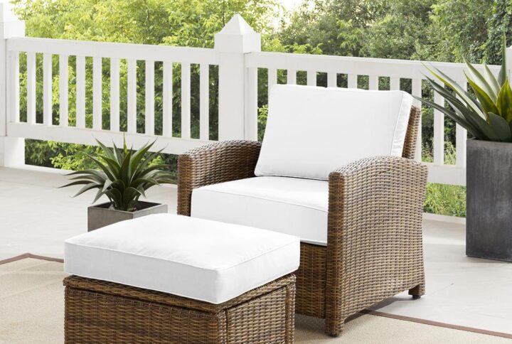 Kick back and prop up your feet with the Bradenton 2pc Outdoor Chair Set. Both the chair and ottoman have sturdy steel frames wrapped in beautiful all-weather wicker. Enjoy the look of bright white outdoor cushions worry-free. Featuring thick cushions covered in high-quality Sunbrella fabric
