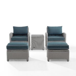 Outdoor relaxation has never looked better than with the Bradenton 5pc Outdoor Chair Set. Each chair and ottoman has a sturdy steel frame wrapped in beautiful all-weather wicker and topped with moisture-resistant cushions. The versatile modular design and deep seating