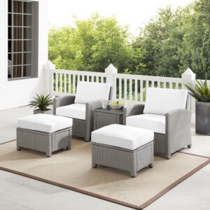 Kick back and prop up your feet with the Bradenton 5pc Outdoor Chair Set. Both the chairs and ottomans have sturdy steel frames wrapped in beautiful all-weather wicker. Enjoy the look of bright white outdoor cushions worry-free. Featuring thick cushions covered in high-quality Sunbrella fabric