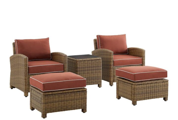 Outdoor relaxation has never looked better than with the Bradenton 5pc Outdoor Chair Set. Each chair and ottoman has a sturdy steel frame wrapped in beautiful all-weather wicker and topped with moisture-resistant cushions. The versatile modular design and deep seating