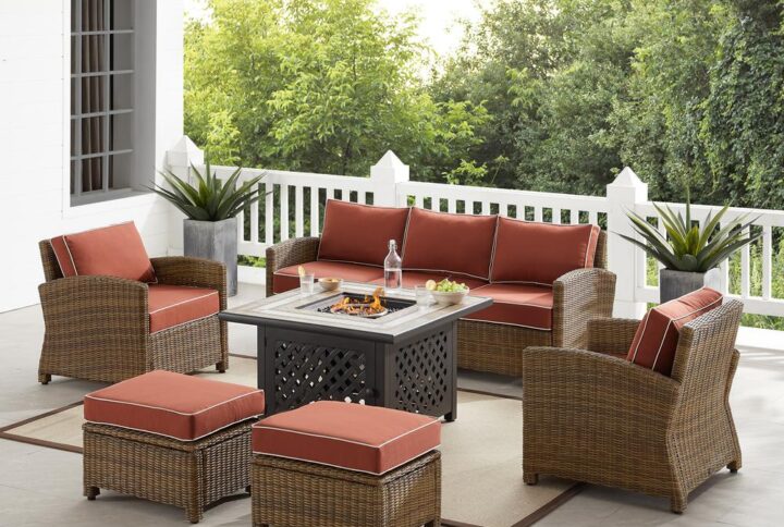 Spend warm summer days and cool summer nights with the Bradenton 6Pc Sofa Set with fire table. The sofa
