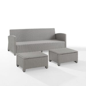 Lounge in comfort and style with the Bradenton 3pc Sofa Set. This set features moisture-resistant cushions and sturdy steel frames wrapped in beautiful all-weather wicker. Prop up your feet on one of the two included ottomans