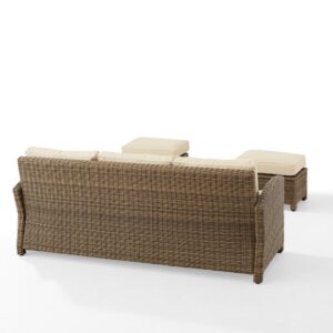 Lounge in comfort and style with the Bradenton 3pc Sofa Set. This set features moisture-resistant cushions and sturdy steel frames wrapped in beautiful all-weather wicker. Prop up your feet on one of the two included ottomans