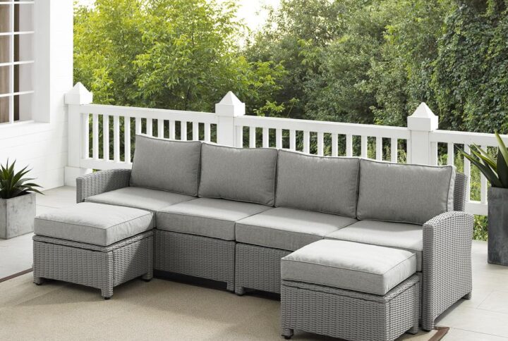 Lounge in comfort and style with the Bradenton 4pc Sectional Set. This set features moisture-resistant cushions and sturdy steel frames wrapped in beautiful all-weather wicker. Modular in design