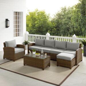 Lounge in comfort and style with the Bradenton 5pc Sectional Set. The sturdy steel frames of each piece are wrapped in beautiful all-weather wicker