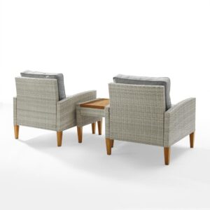 this patio set features all-weather resin wicker and hand-painted steel with a natural wood look. Beautiful quick-drying olefin fabric adds durability to the cushioned chairs