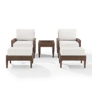 this patio set features all-weather resin wicker and hand-painted steel with a natural wood look. Beautiful quick-drying olefin fabric adds durability to the cushioned chairs and ottomans