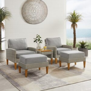 Prop up your feet and chat away with the Capella 5pc Outdoor Chair Set. Blending cool neutral tones with natural finishes