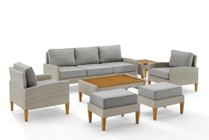 Kick back and prop up your feet with the Capella 7pc Sofa Set. Blending cool neutral tones with natural finishes