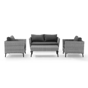 Bringing mid-century modern design outdoors the Richland 4pc Conversation Set features tapered legs and a sleek silhouette. Each piece of this set has powder-coated steel frames wrapped in all-weather resin wicker to withstand all the elements. The loveseat and chairs feature moisture-resistant cushion covers for comfort and durability