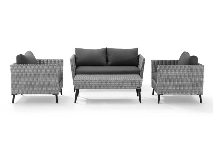 Bringing mid-century modern design outdoors the Richland 4pc Conversation Set features tapered legs and a sleek silhouette. Each piece of this set has powder-coated steel frames wrapped in all-weather resin wicker to withstand all the elements. The loveseat and chairs feature moisture-resistant cushion covers for comfort and durability