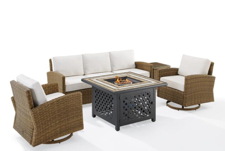 Spend warm summer days and cool summer nights with the Bradenton 5Pc Swivel Rocker and Sofa Set. The sofa and swivel rockers are made from all-weather resin wicker