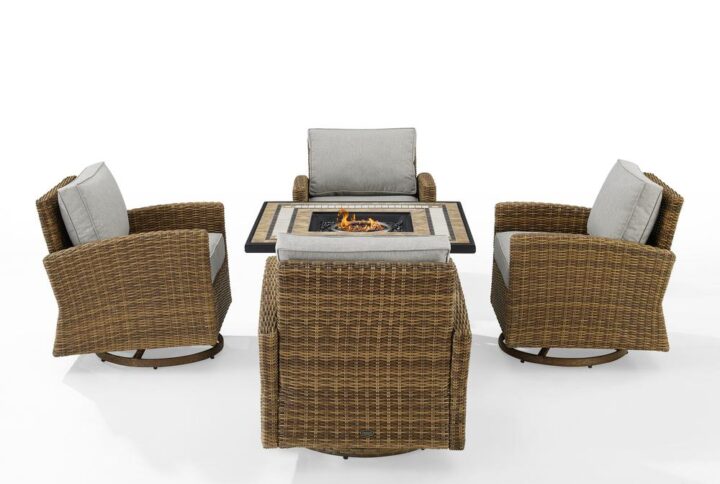 Spend warm summer days and cool summer nights with the Bradenton 5Pc Swivel Rocker Conversation Set. Made from all-weather resin wicker