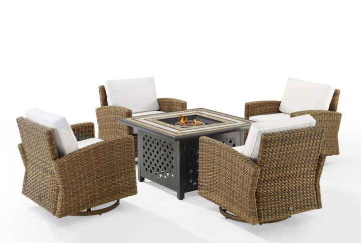 Spend warm summer days and cool summer nights with the Bradenton 5Pc Swivel Rocker Conversation Set. Resisting stains