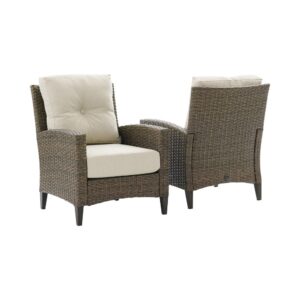 this patio set is built from all-weather resin wicker over powder-coated steel. Plush seat and back cushions covered in olefin fabric offer durable comfort