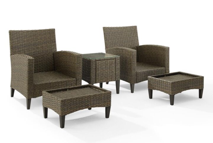 Lounge outdoors in classic style with the Rockport 5pc Outdoor Chair Set. With high seat backs and plush cushions
