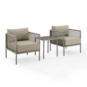 Bring a laid-back west coast vibe to your outdoor oasis with the Cali Bay 3pc Outdoor Chair Set. Featuring a modern silhouette covered with resin wicker in an open weave design