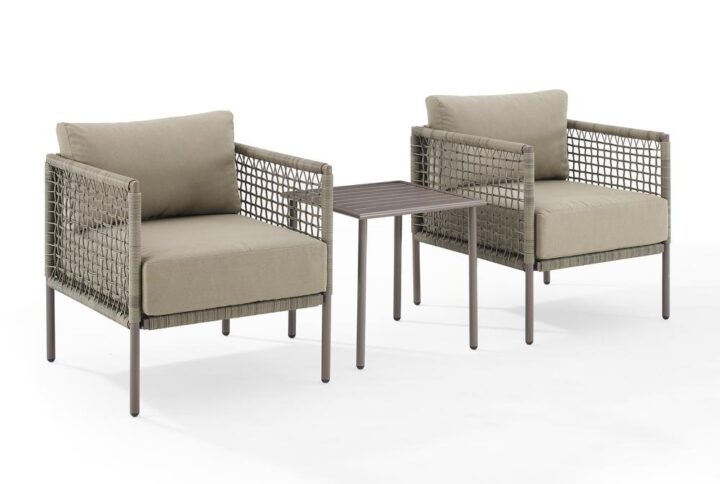 Bring a laid-back west coast vibe to your outdoor oasis with the Cali Bay 3pc Outdoor Chair Set. Featuring a modern silhouette covered with resin wicker in an open weave design