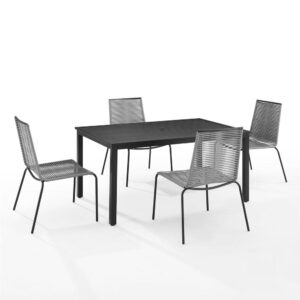 the Fenton 5pc Dining Set offers sleek simplicity for outdoor dining. The chairs feature flat wicker with a rope look and are stackable for easy storage. Offering ample eating space